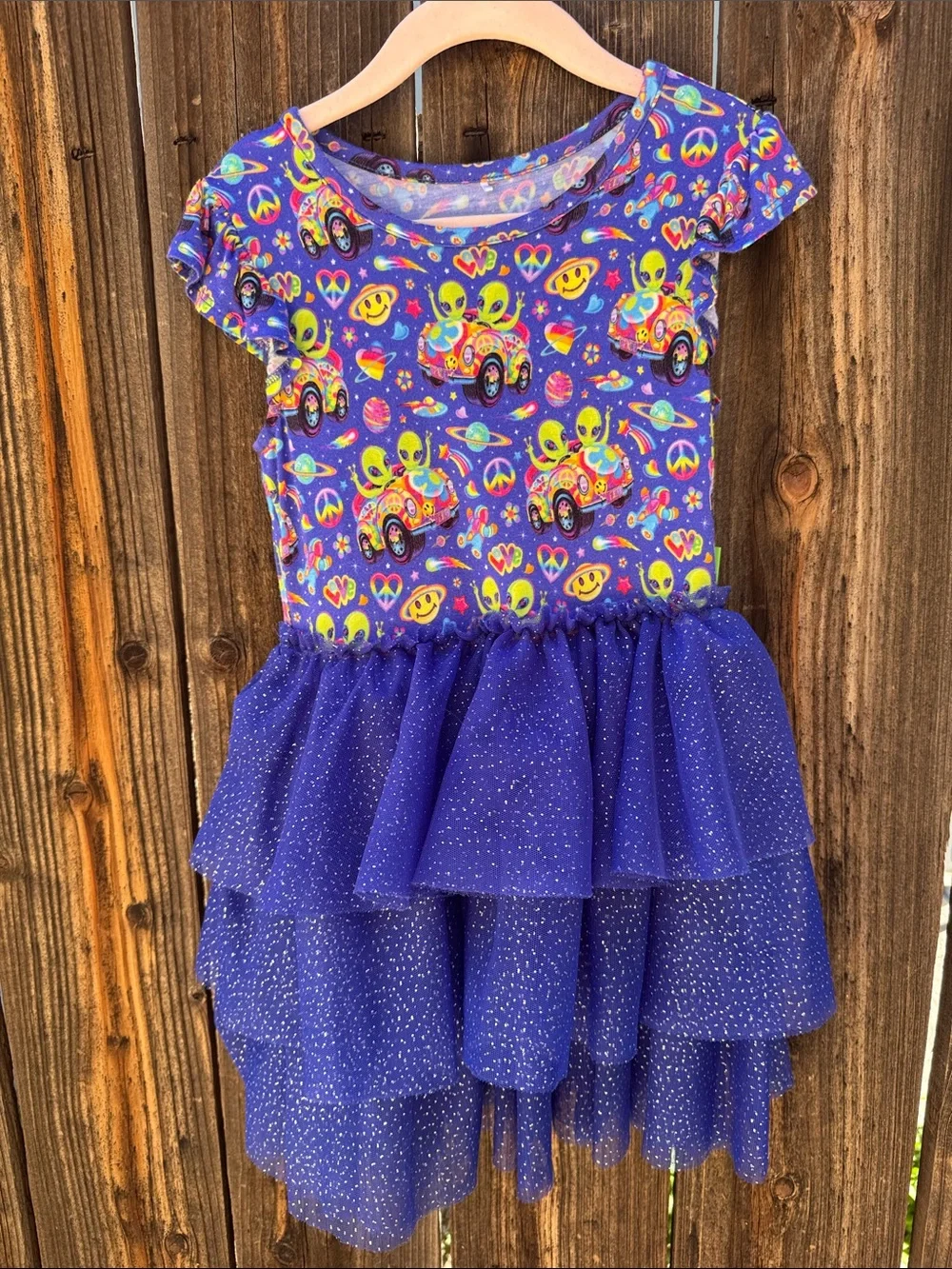 Posh Peanut Lisa Frank Zoomer & Zorbit Ruffled Cap Sleeve Tulle Dress